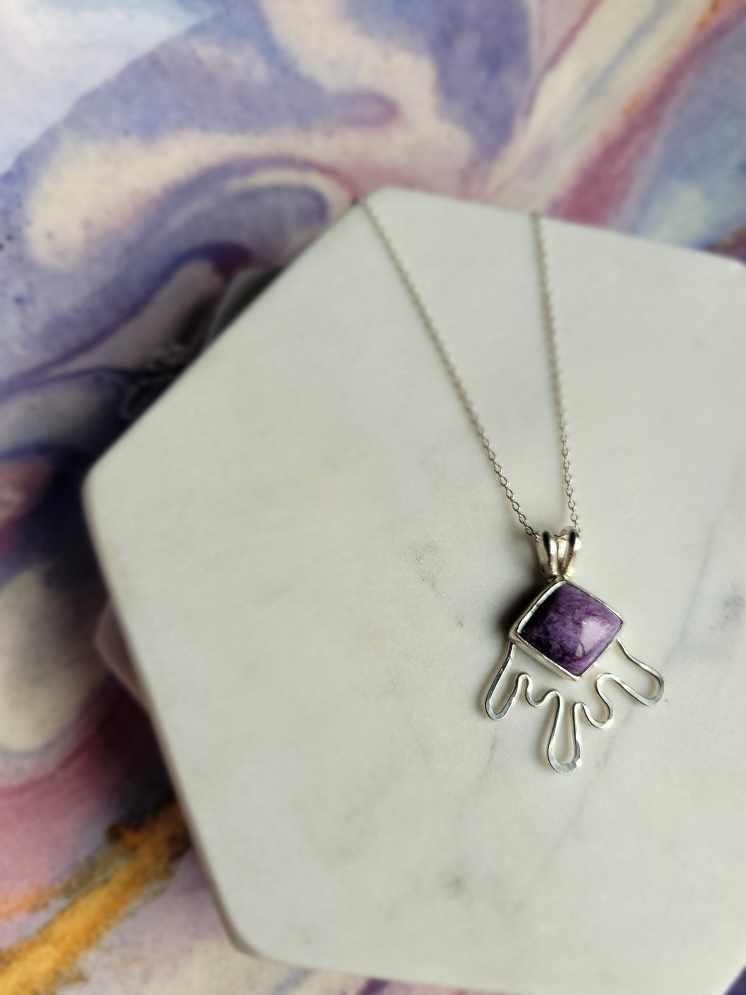 Rhombus Drippy Charoite Sterling Silver Pendant